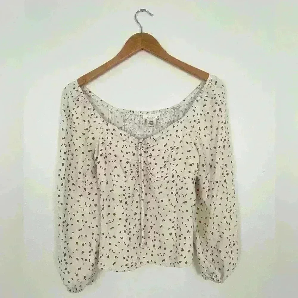 Women’s Size Small Brown Cream Polka Dot Blouse Lightweight Boho Style y2k